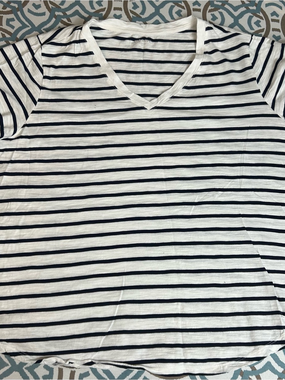White & Navy Stripe V-Neck Short Sleeve Top